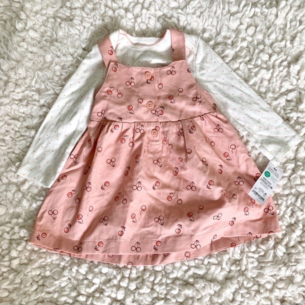 New Carters Pink Cherry 🍒 Polka Dot Patterned Pinafore Dress + Onesie 9 Months